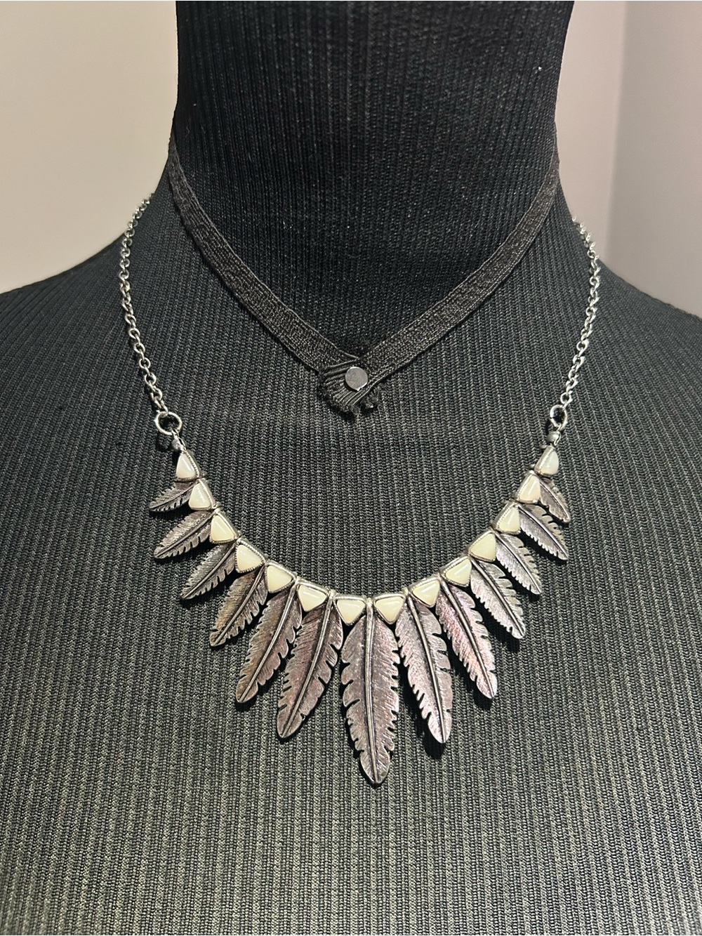 Silver Feather Statement Necklace with Cream Accents - Women Jewelry